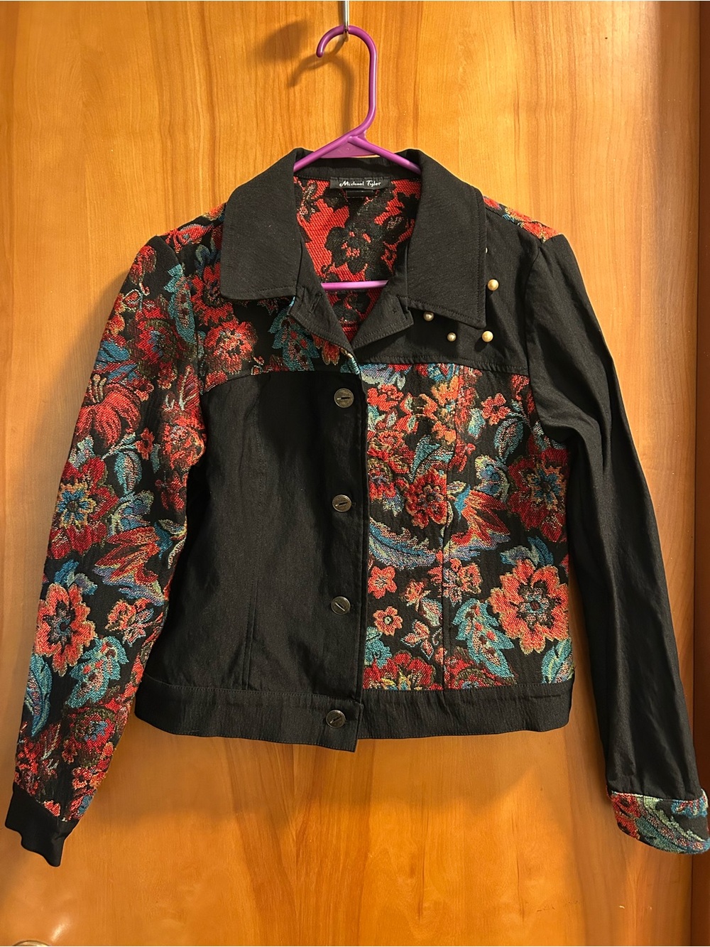 Michael Tyler Woven Floral Accent Black Jacket with Red & Teal Floral Panels